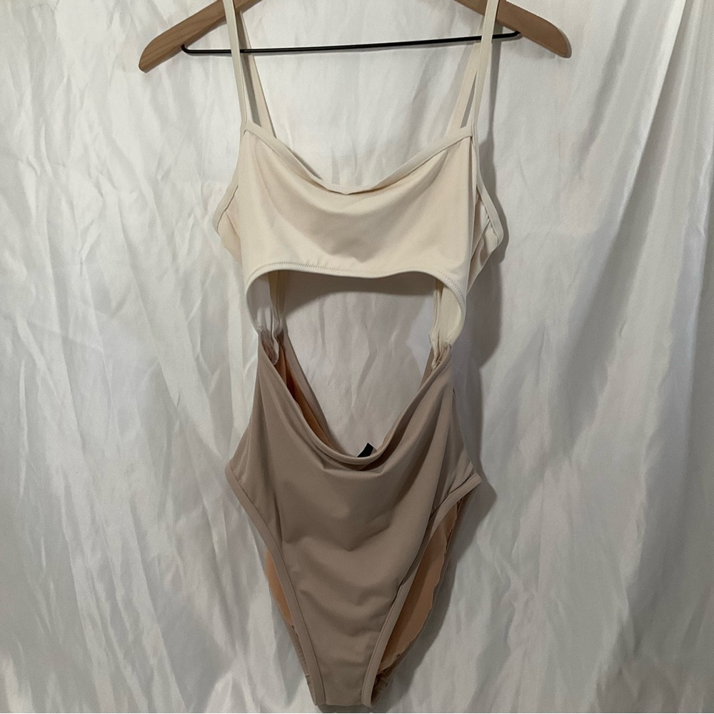 Madewell Two-Tone Cutout One-Piece Swimsuit in Cream and Taupe